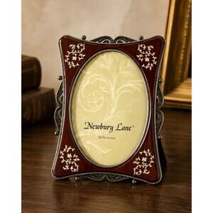 Newbury Lane Cast Pewter Picture Frame 5x7 Wood Look Inlay Ornate Scrollwork
